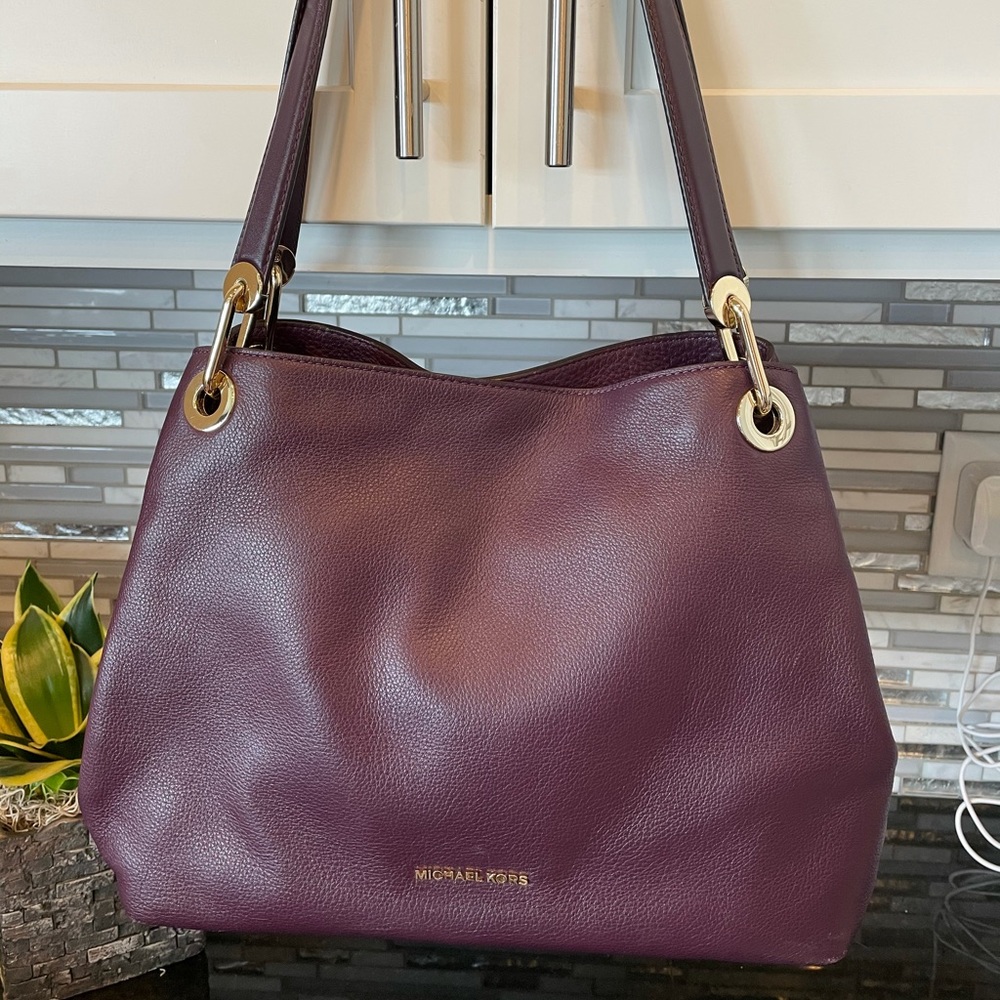 Michael Kors Leather Shoulder Bag in Burgundy with Gold Hardware